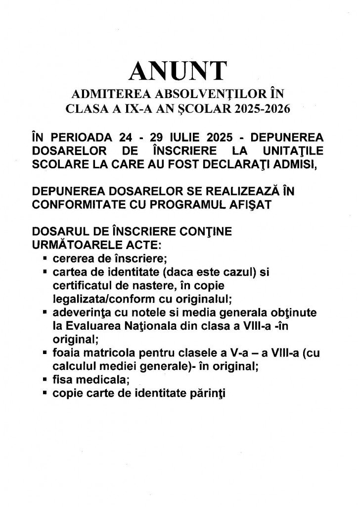 Anunt inscriere Liceu 2025